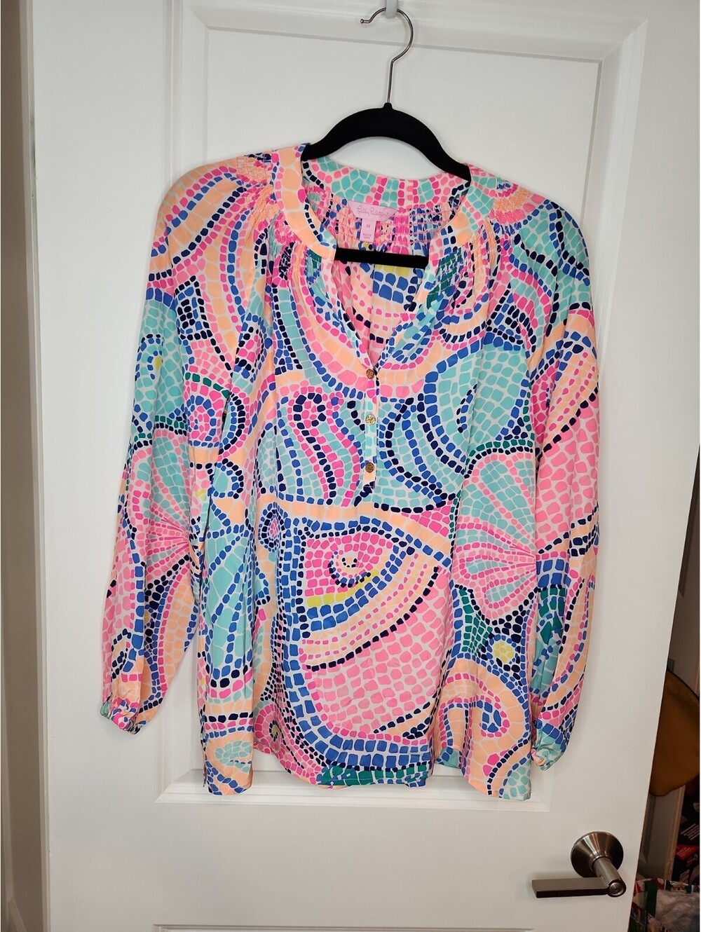 Lilly Pulitzer Elsa Top Blouse Womens Sz M 100% Silk Let's Cha Cha Pnk Geo RARE